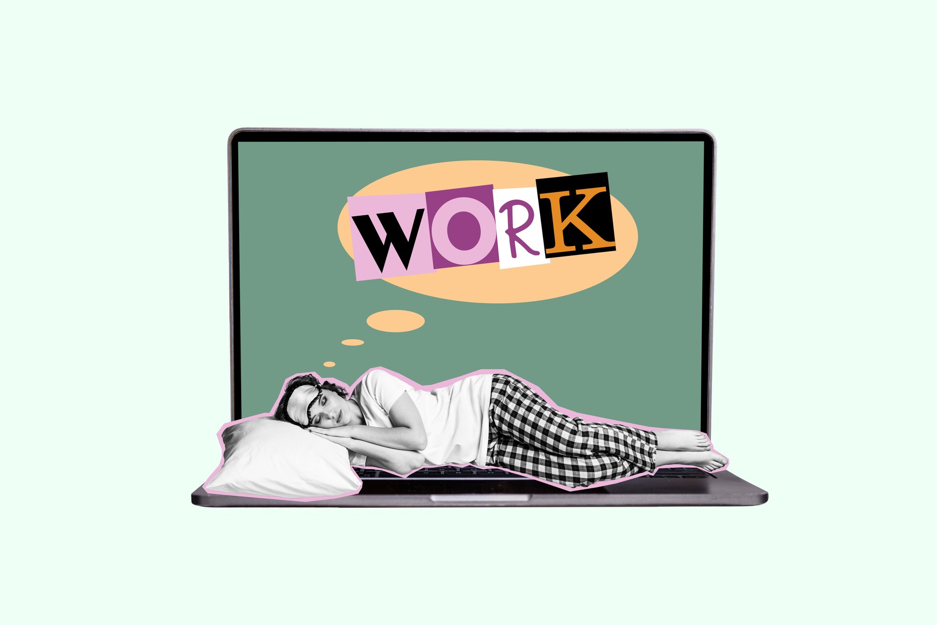 Creative collage picture sleeping girl exhausted worker remote freelancer laptop screen display sleepover daydreaming drawing background