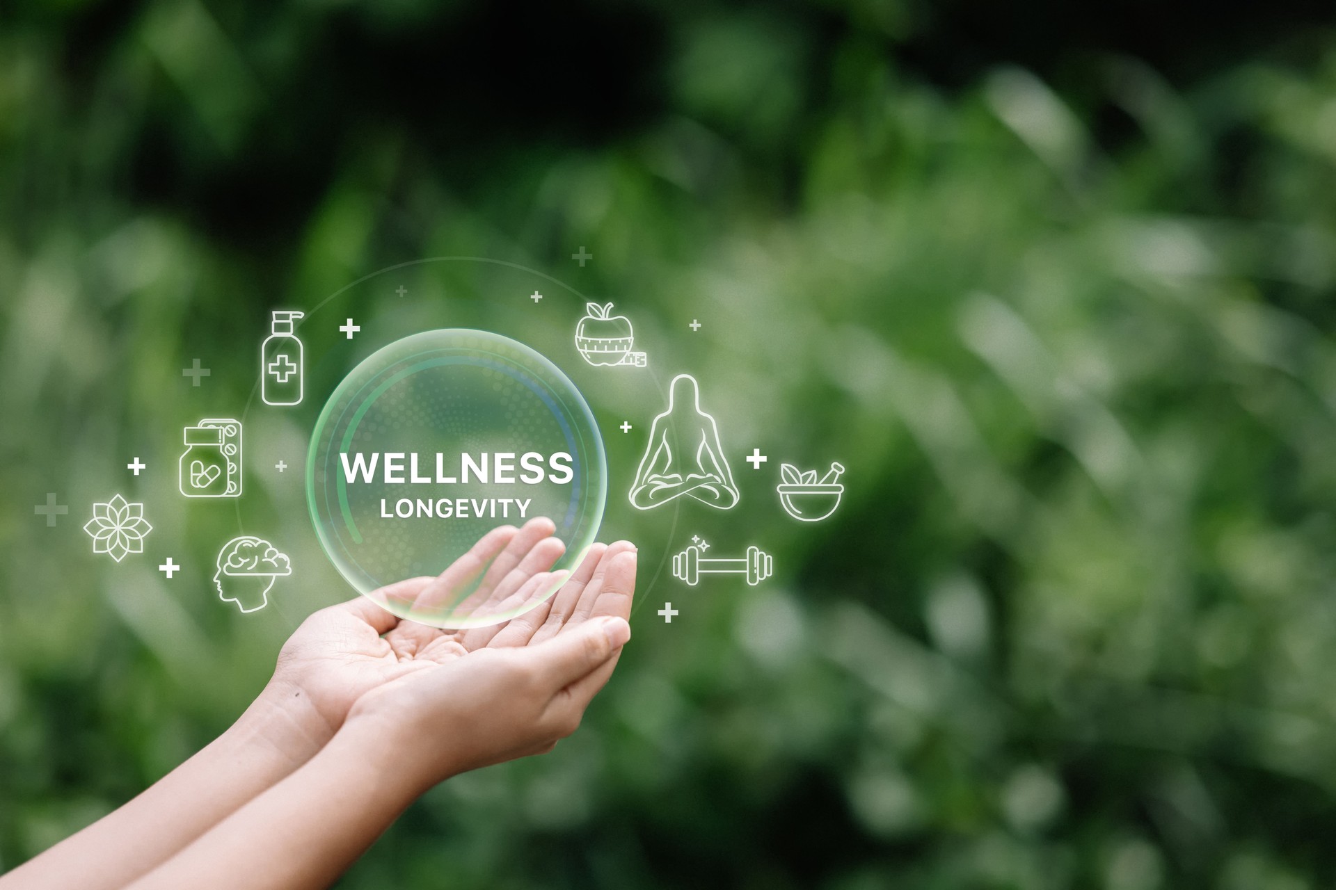 Hand holding virtual icons of wellness with nature background. Concept of mindfulness and healthy living
